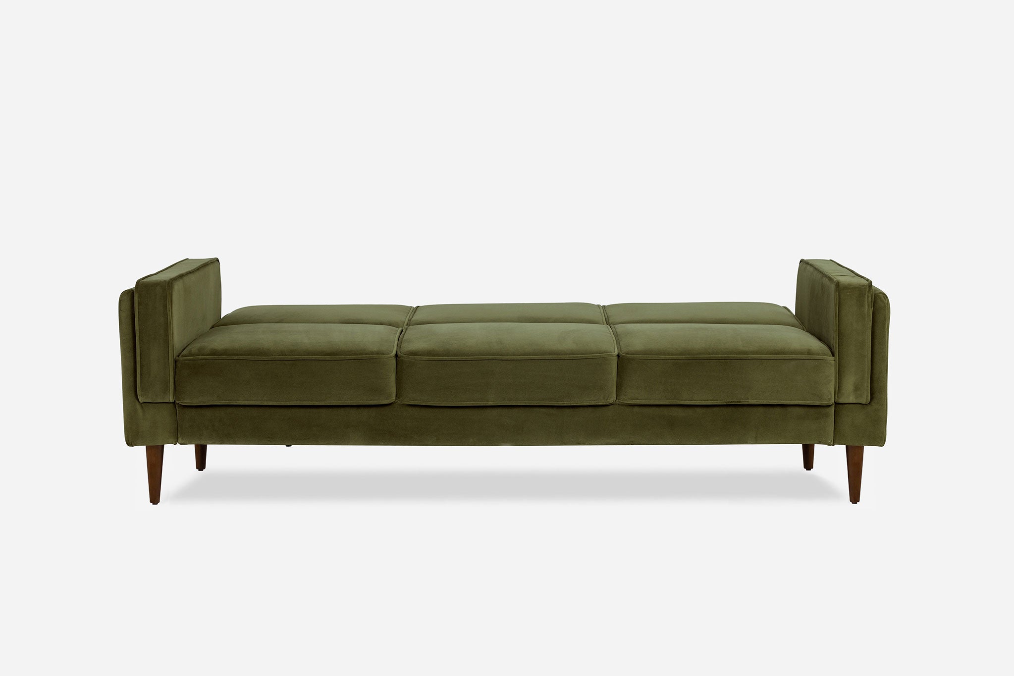 front view of the albany sleeper sofa as a bed in olive velvet with walnut legs