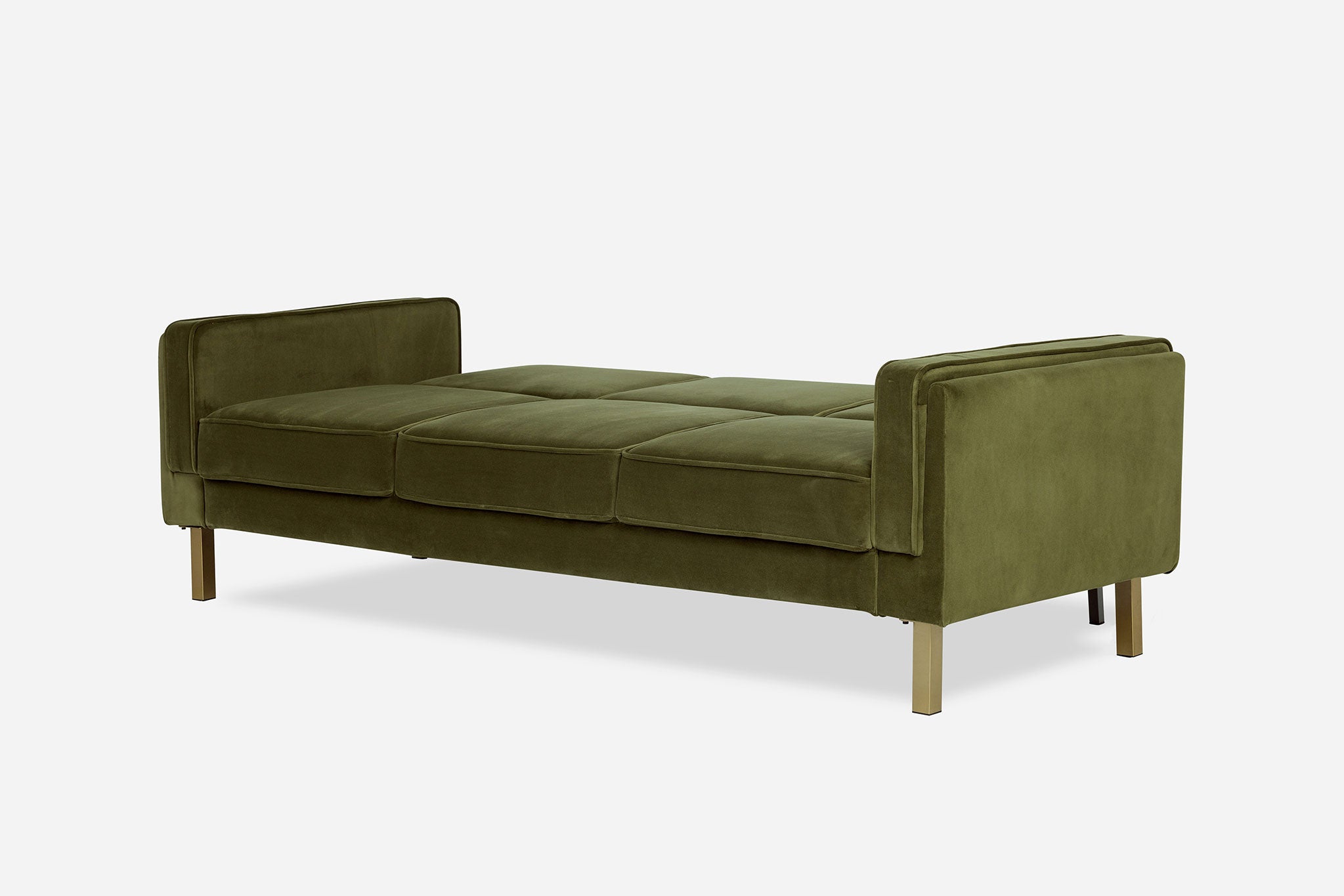 side view of the albany sleeper sofa as a bed in olive velvet with gold legs