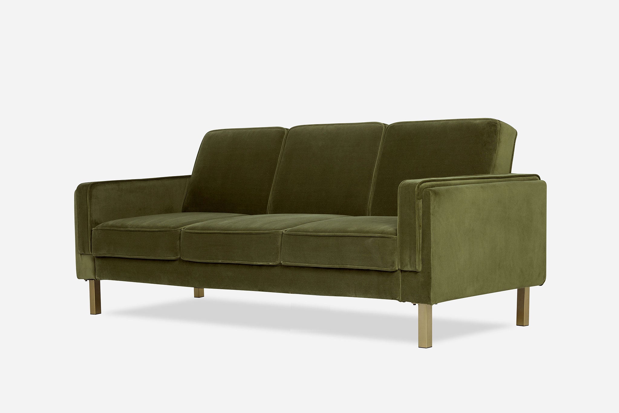 side view of the albany sleeper sofa in olive velvet with gold legs