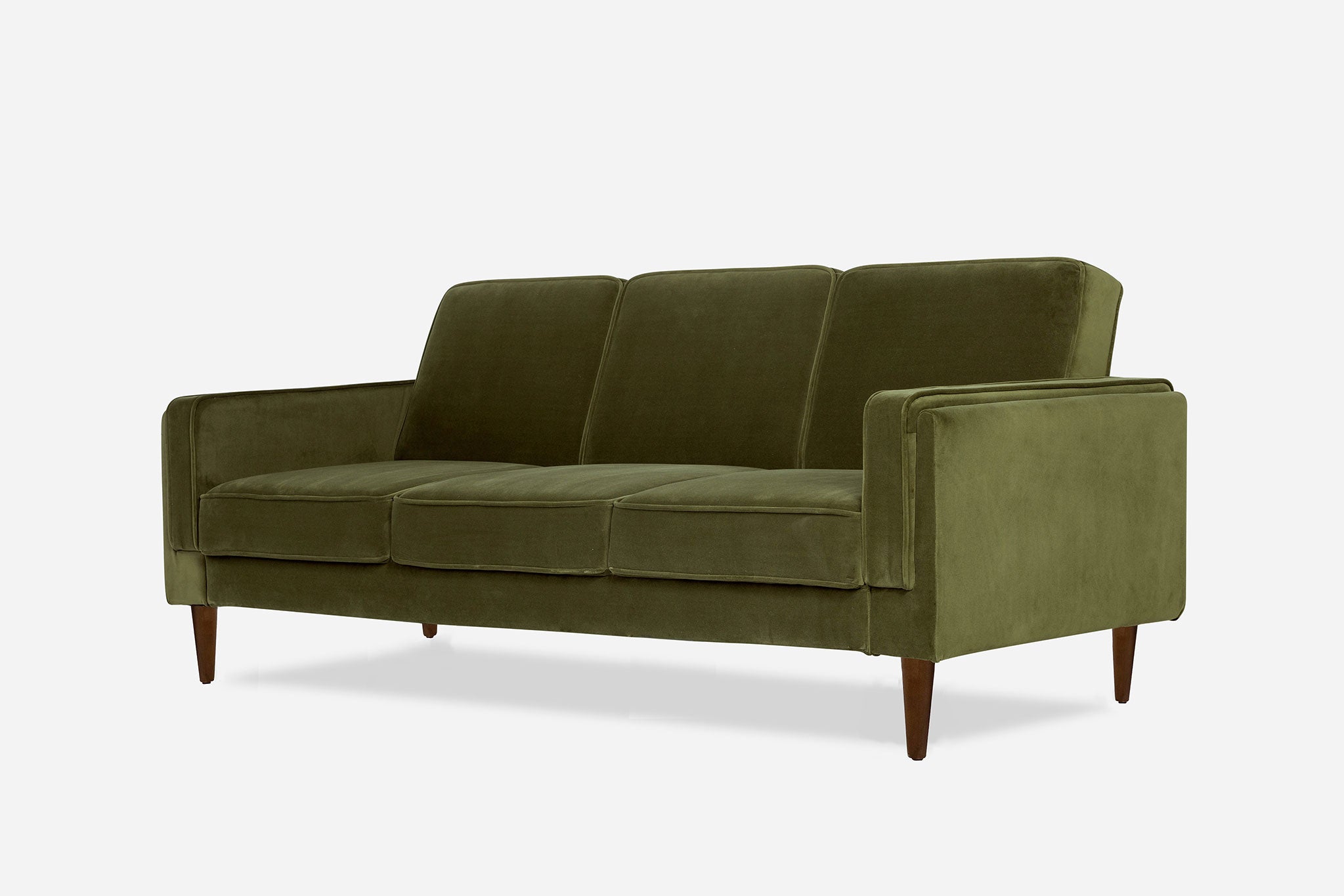 side view of the albany sleeper sofa in olive velvet with walnut legs