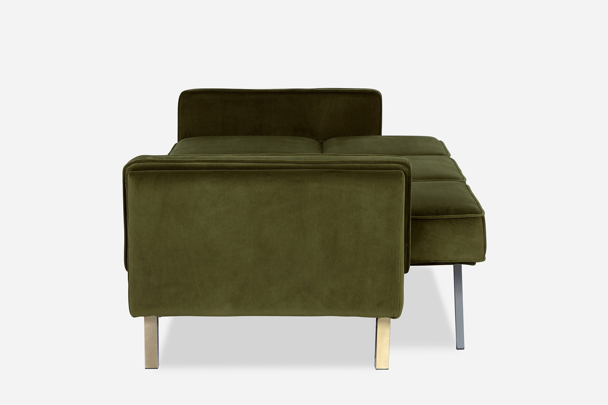 lateral view of the albany sleeper sofa as a bed in olive velvet with gold legs