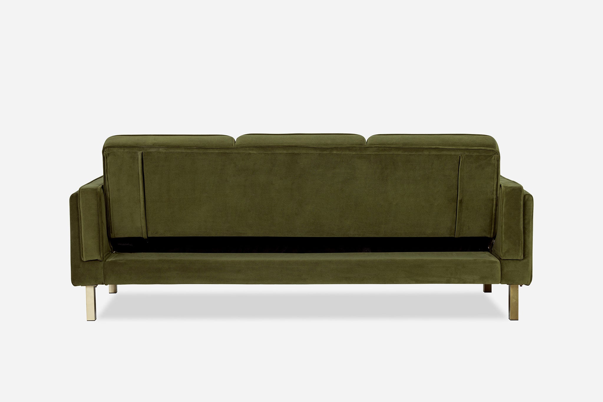 back view of the albany sleeper sofa in olive velvet with gold legs