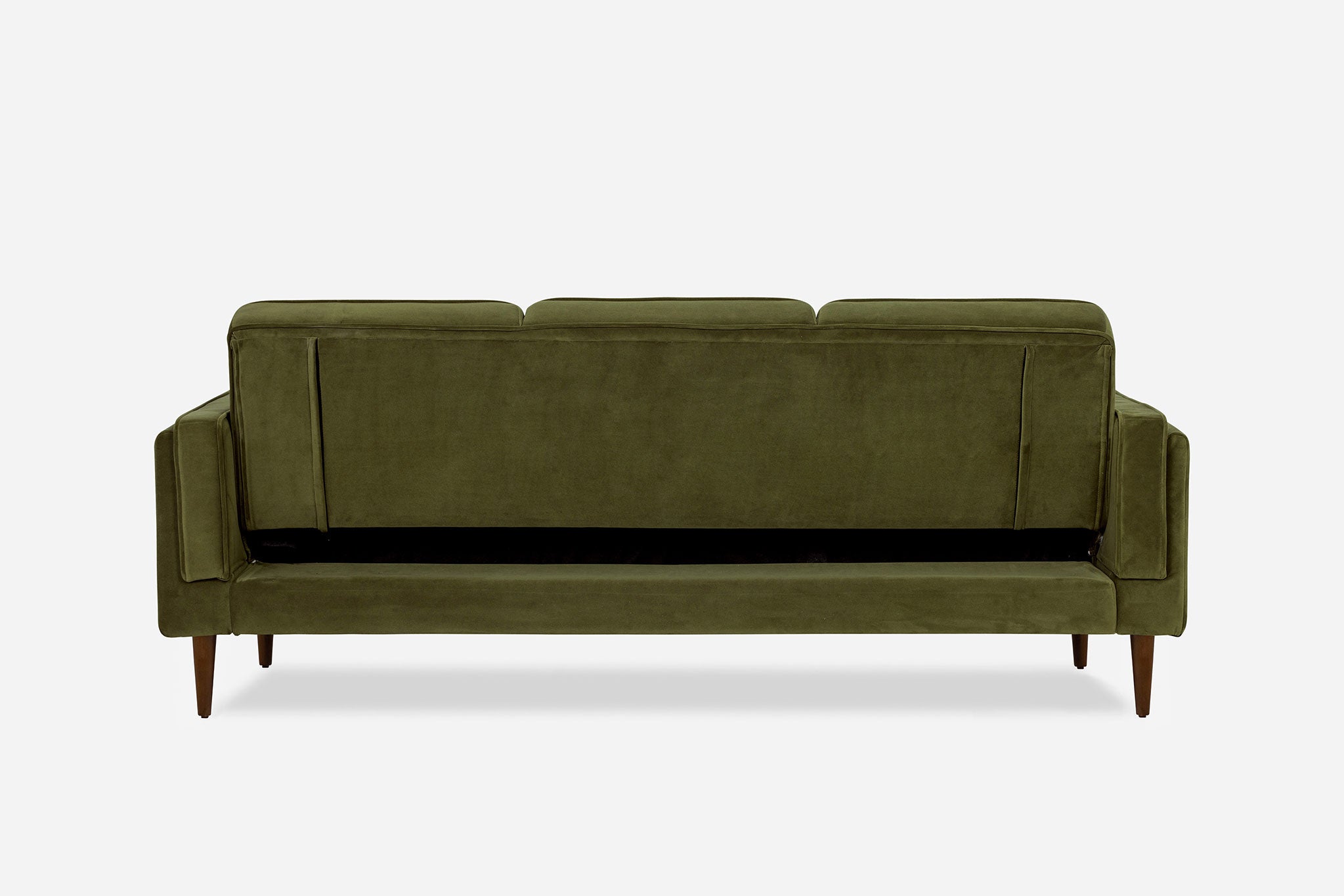 back view of the albany sleeper sofa in olive velvet with walnut legs