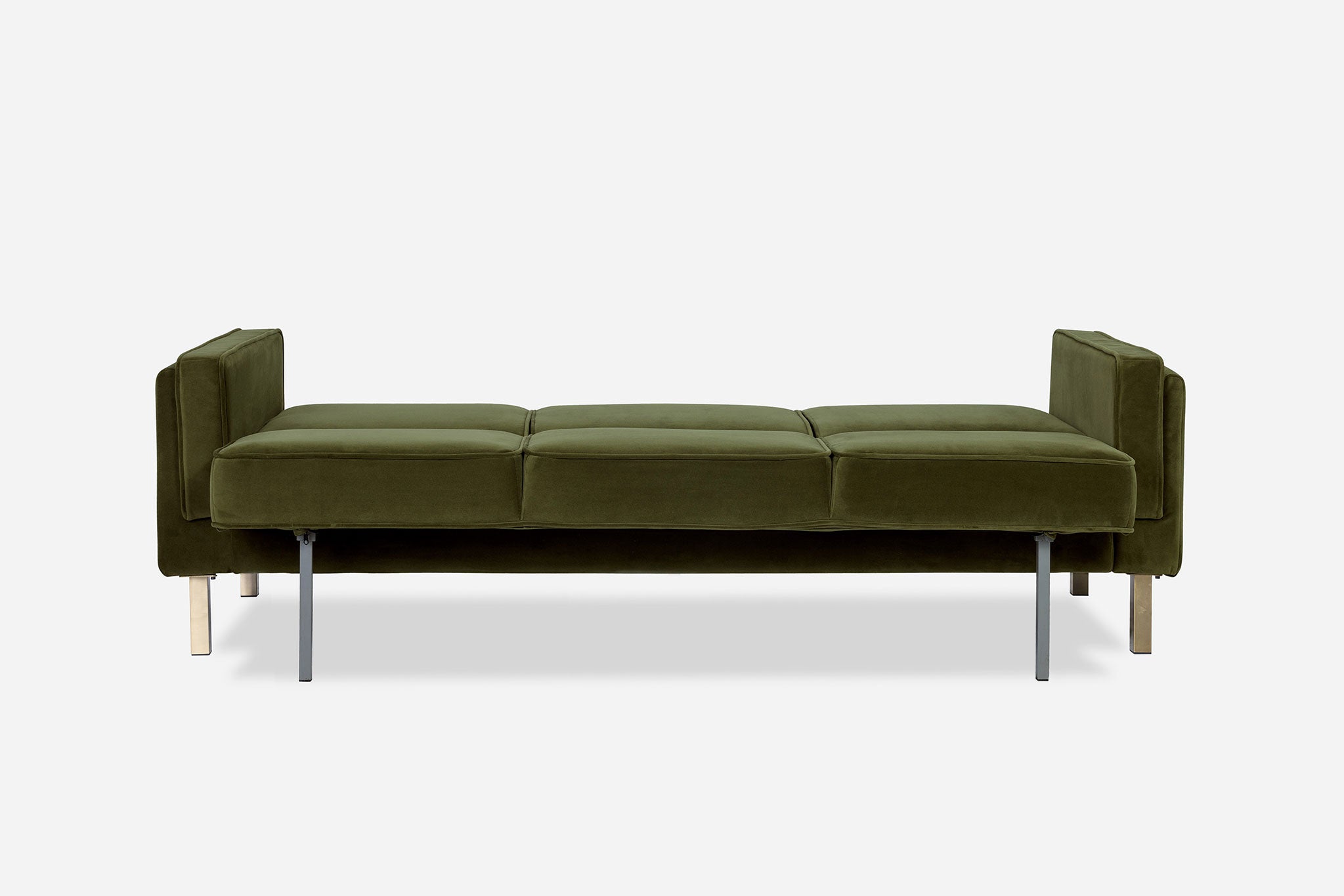 back view of the albany sleeper sofa as a bed in olive velvet with gold legs