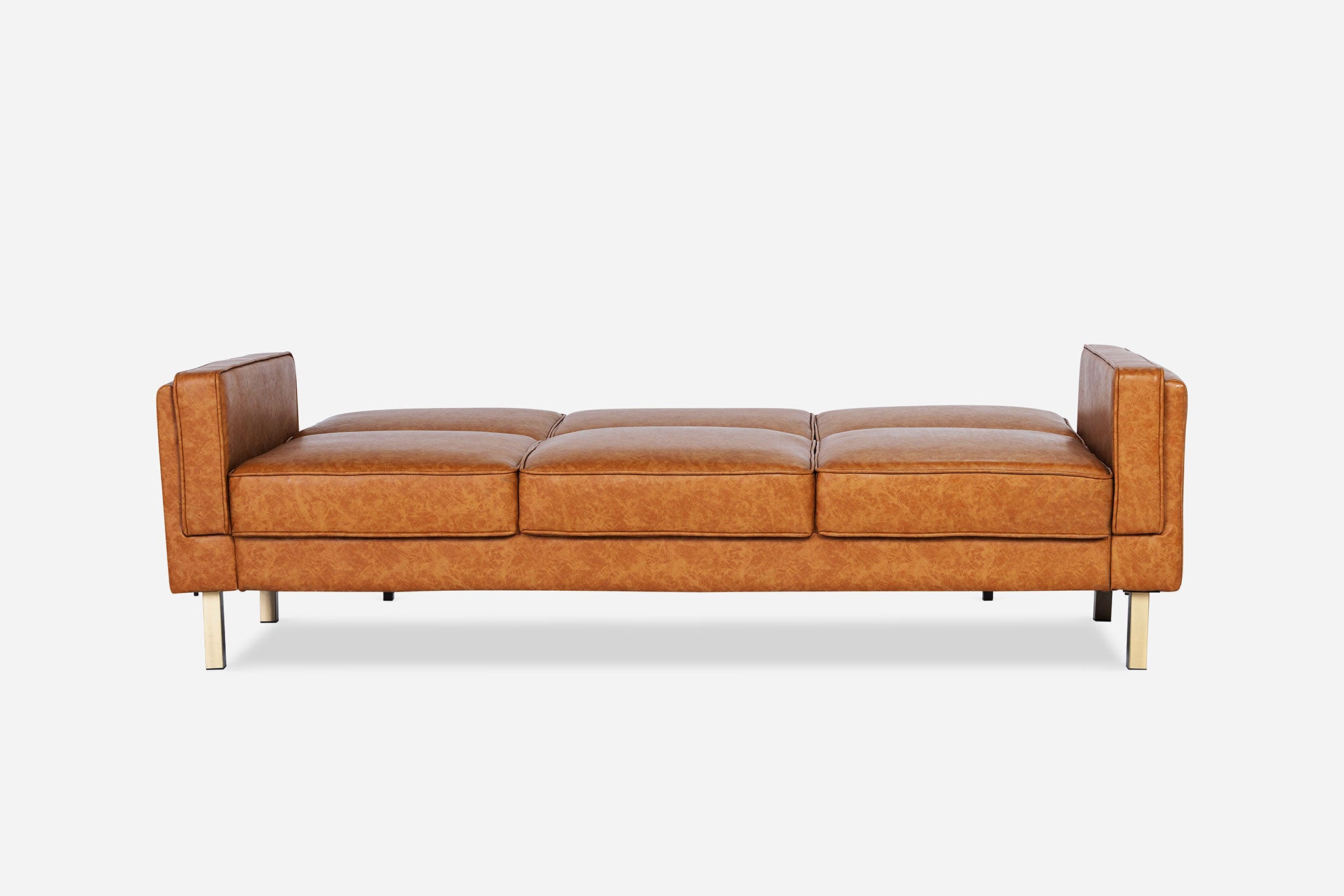 front view of the albany sleeper sofa as a bed in vegan leather with gold legs