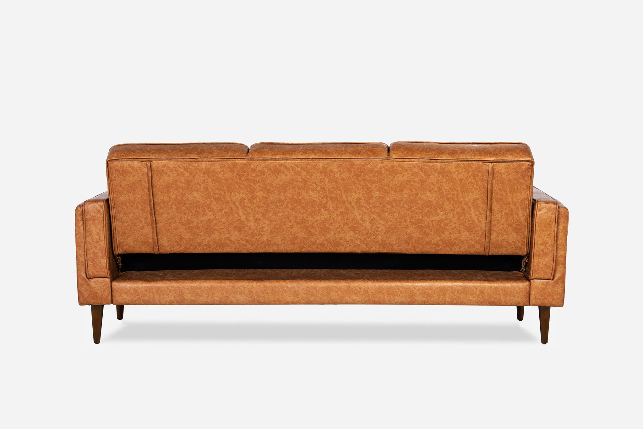 back view of the albany sleeper sofa in vegan leather with walnut legs