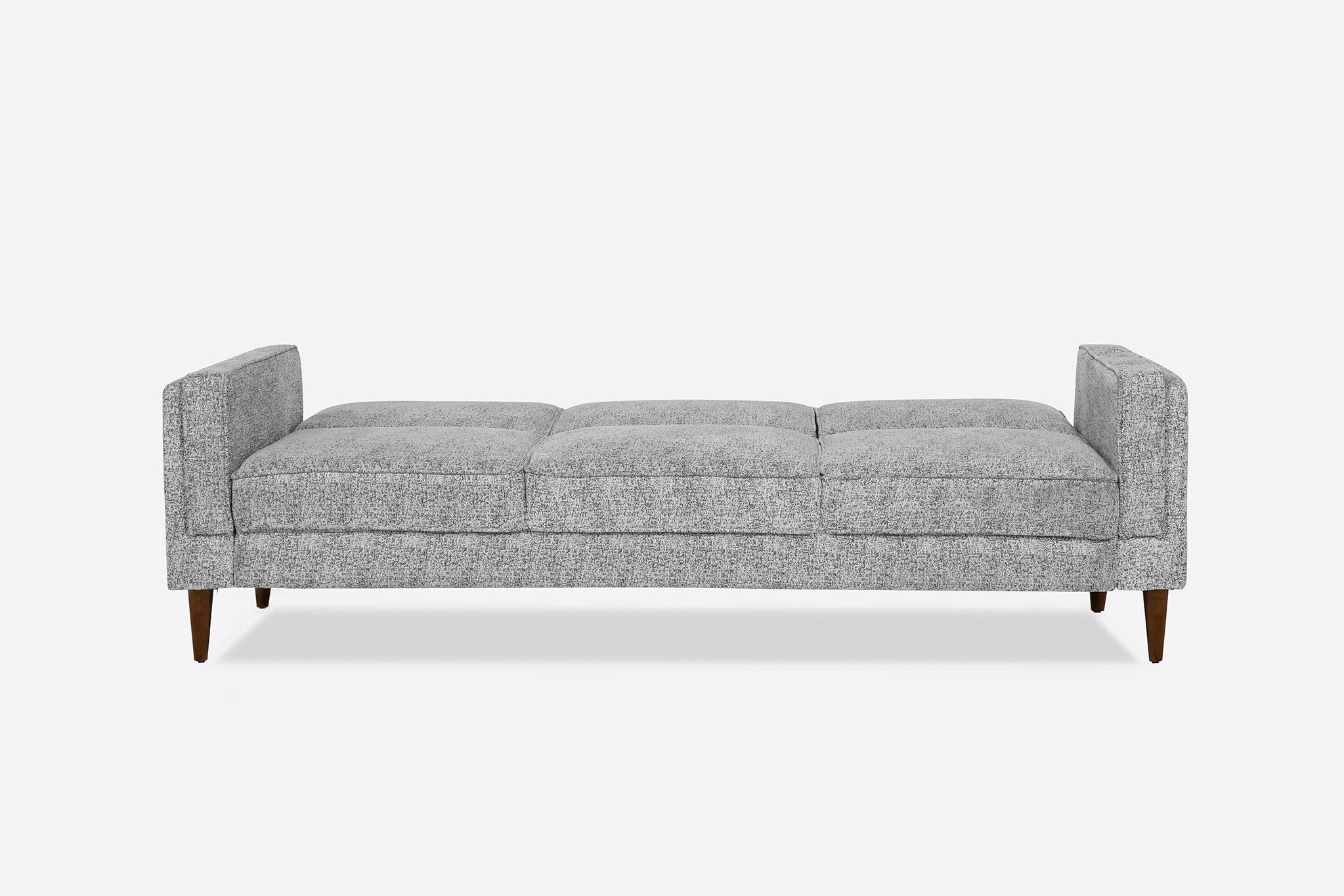 front view of the albany sleeper sofa as a bed in grey with walnut legs