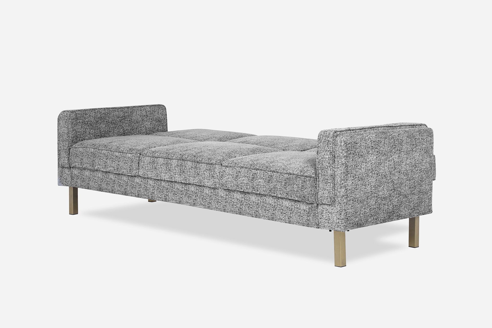side view of the albany sleeper sofa as a bed in grey with gold legs