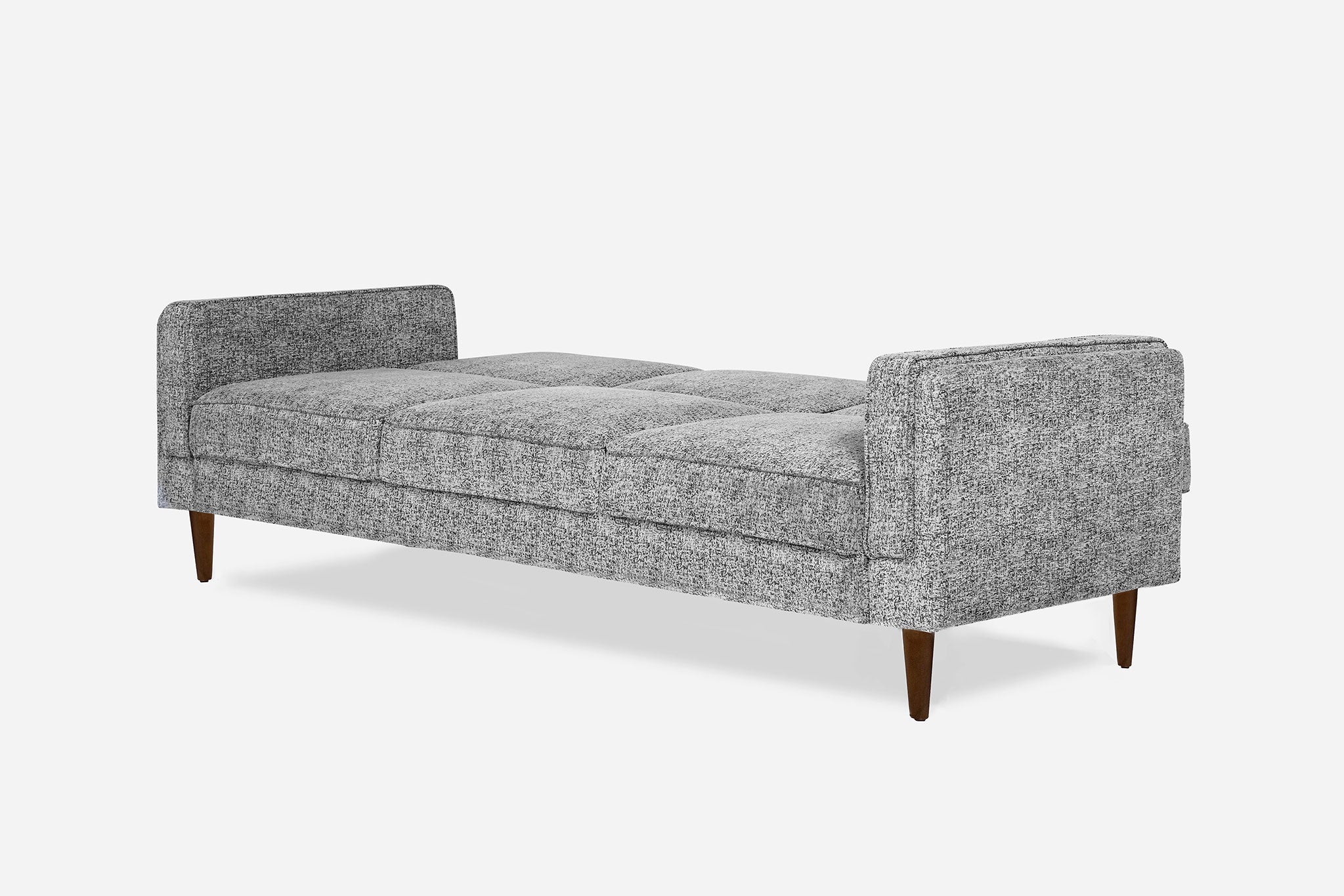 side view of the albany sleeper sofa as a bed in grey with walnut legs