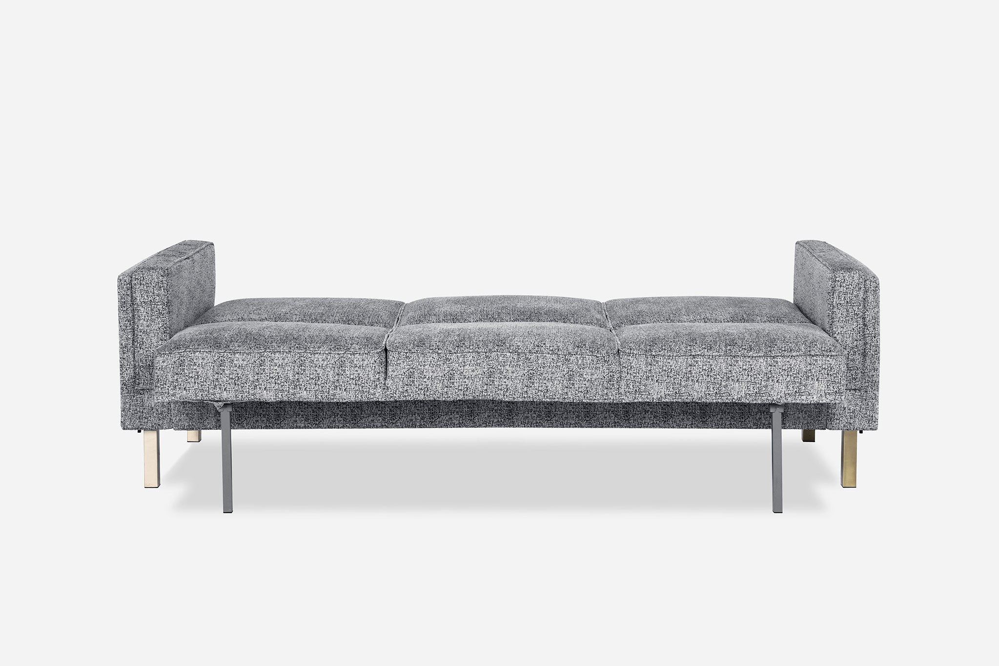 back view of the albany sleeper sofa as a bed in grey with gold legs