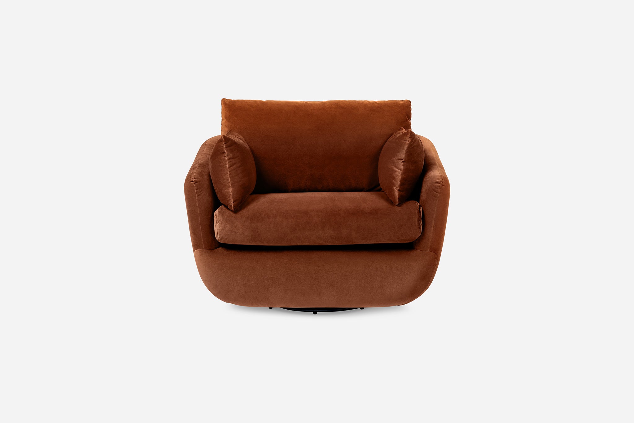front view of the park swivel armchair in rust velvet