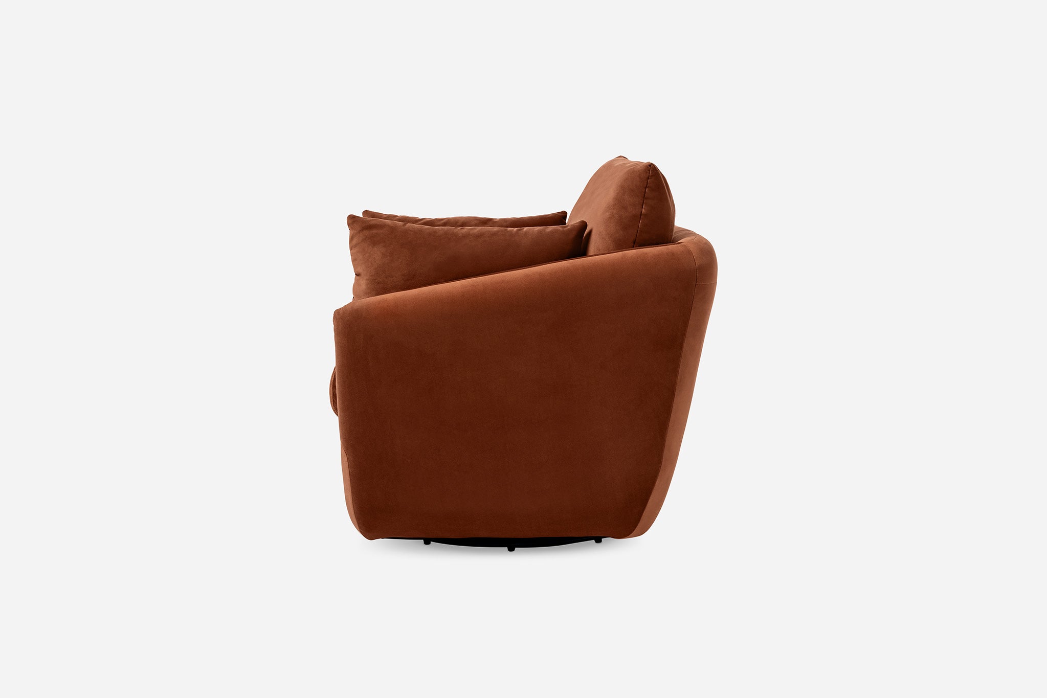 lateral view of the park swivel armchair in rust velvet