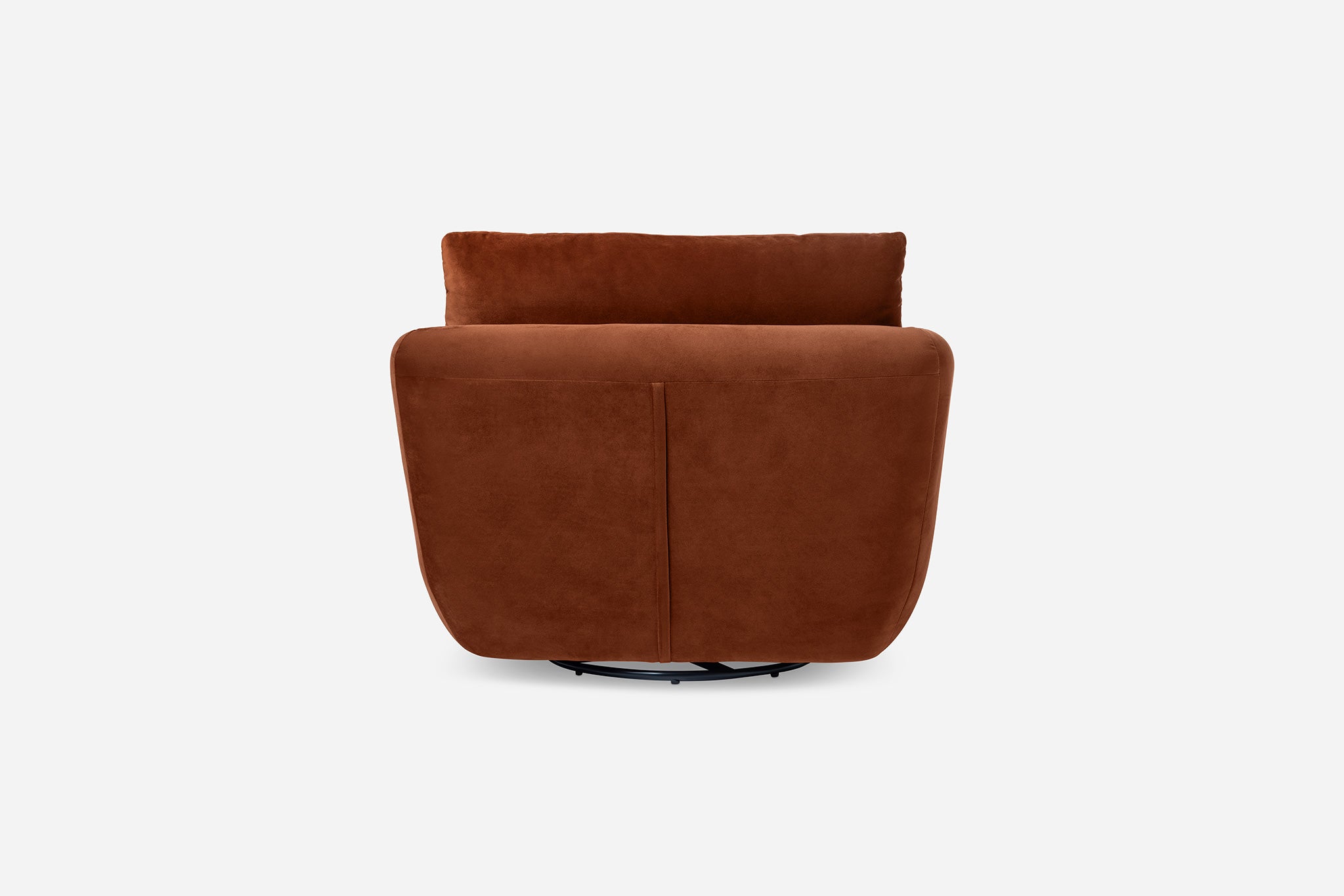 back view of the park swivel armchair in rust velvet
