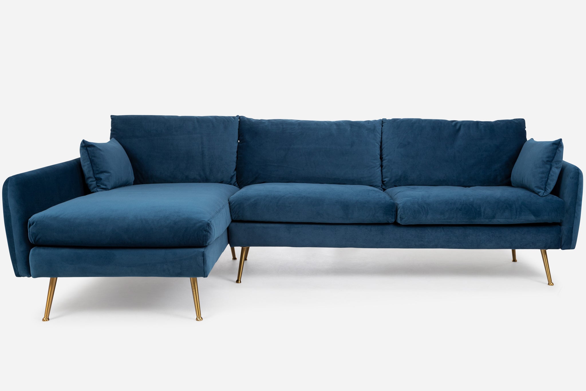 park sectional sofa shown in blue velvet with gold legs left facing