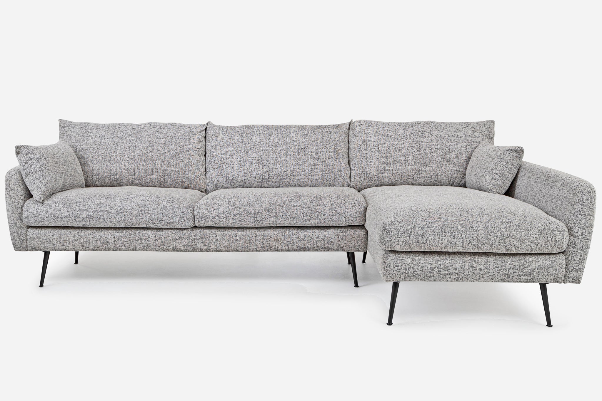 park sectional sofa shown in grey fabric right facing with black legs
