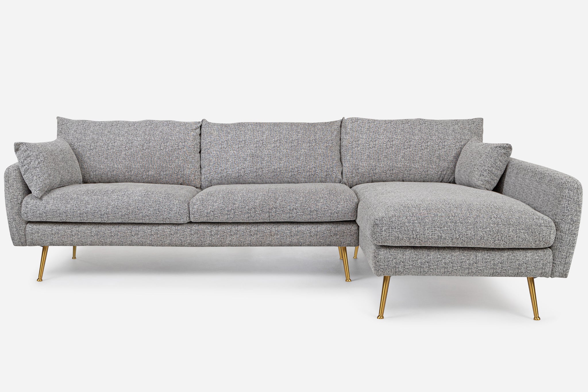 grey textured weave Gold Right Facing | Park Sectional Sofa shown in grey textured weave with gold legs Right Facing
