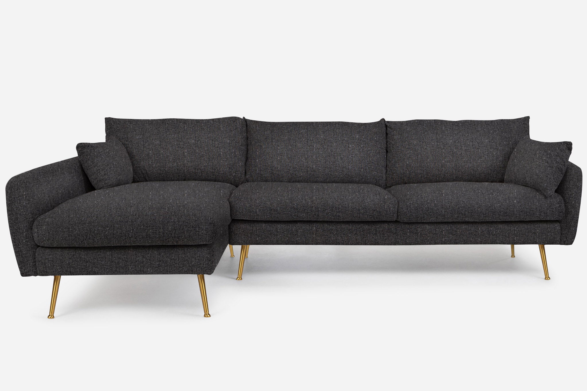 park sectional sofa shown in charcoal with gold legs left facing
