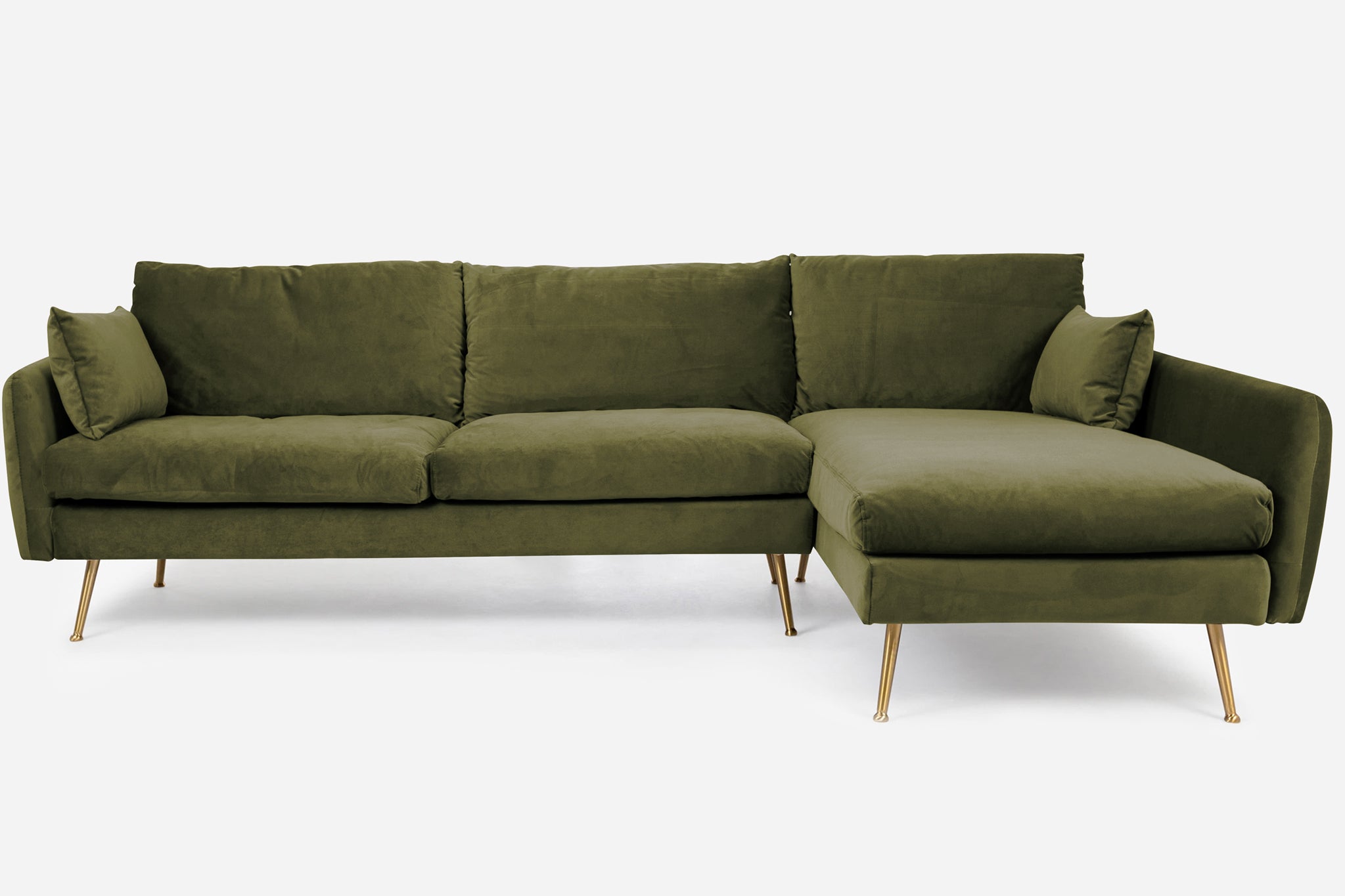 park sectional sofa shown in olive velvet with gold legs right facing