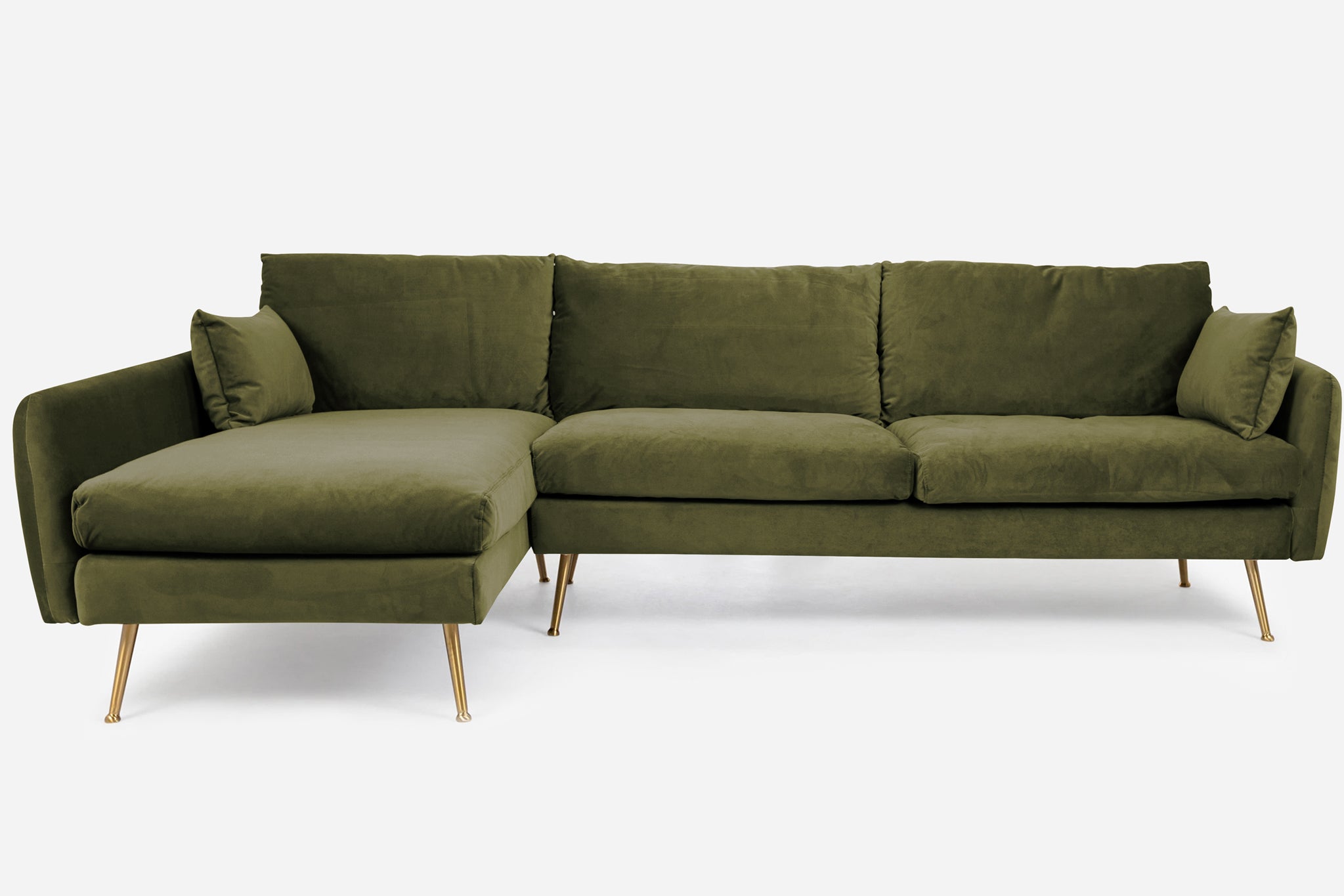 park sectional sofa shown in olive velvet with gold legs left facing